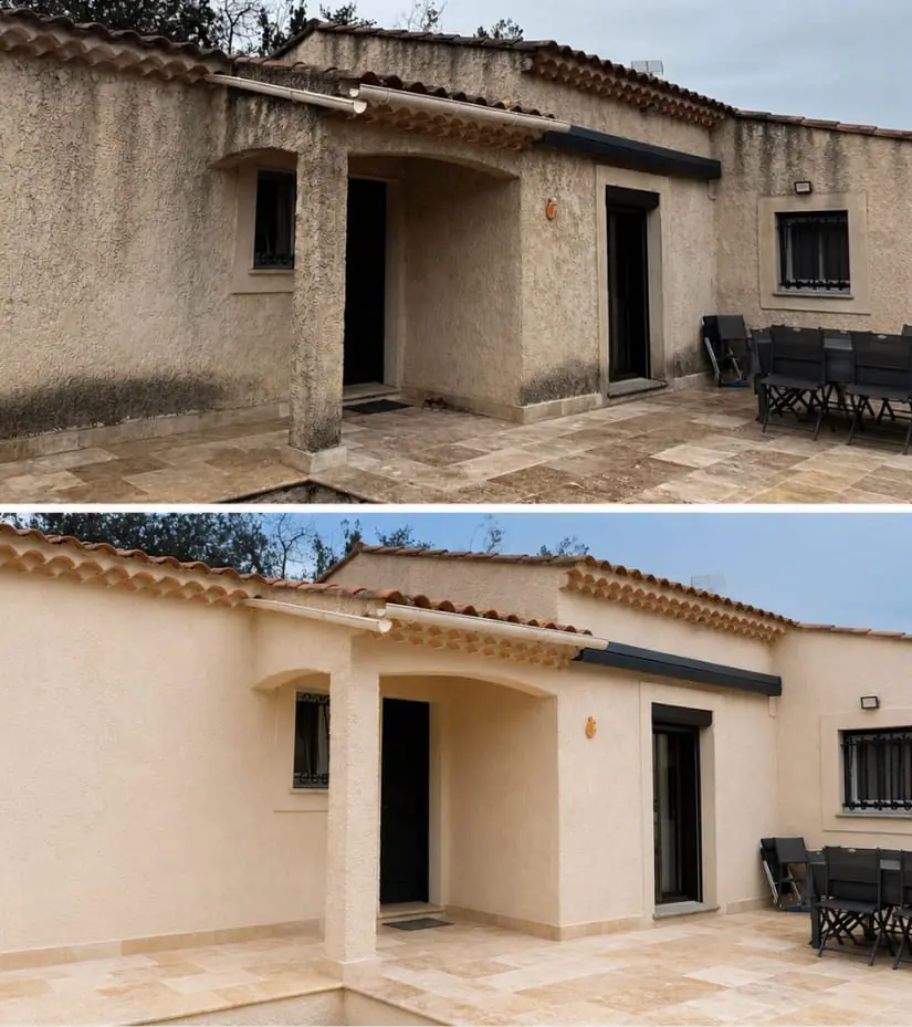 Façade de maison avant et après nettoyage par Armando Protection Habitat